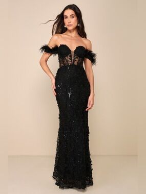 LULU'S Midnight Sparkle Black Embroidered Feather Bustier Maxi
Dress